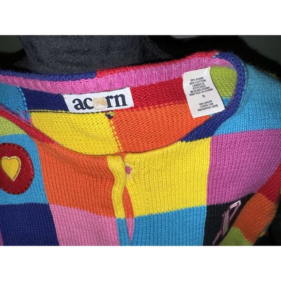 Whimsical Patchwork Rainbow Knit Cardigan Breast Cancer Ribbon Womens Small - Picture 4 of 4